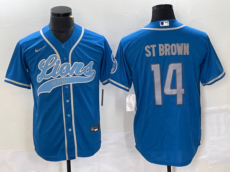 Men's Detroit Lions #14 Amon-Ra St. Brown Blue Cool Base Stitched Baseball Jersey - Click Image to Close